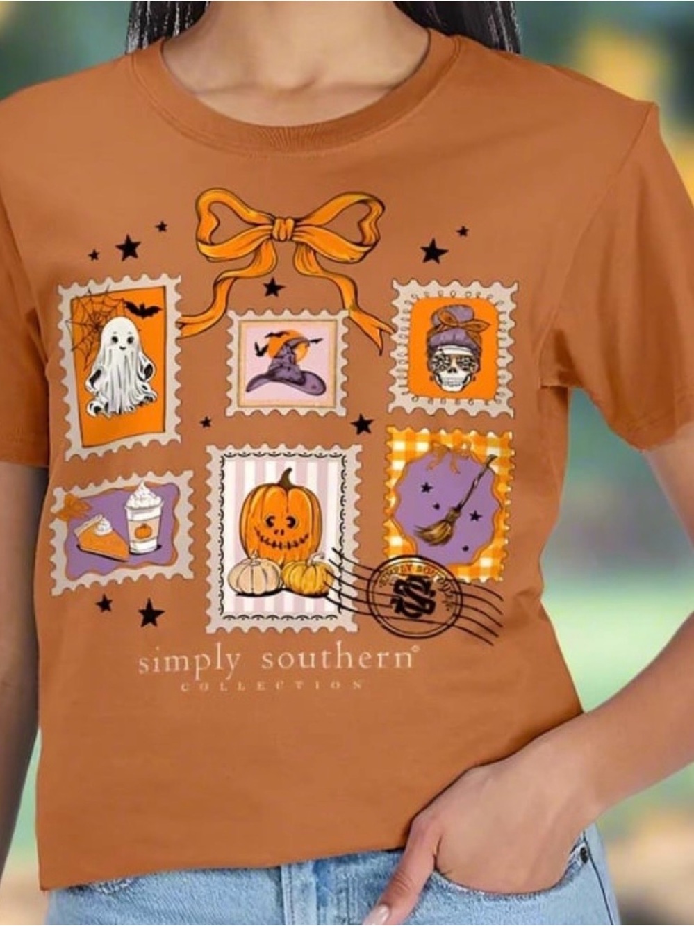 Simply Southern Fall Stamps Halloween Tee Ghost Pumpkin Bow T-Shirt Women’s L